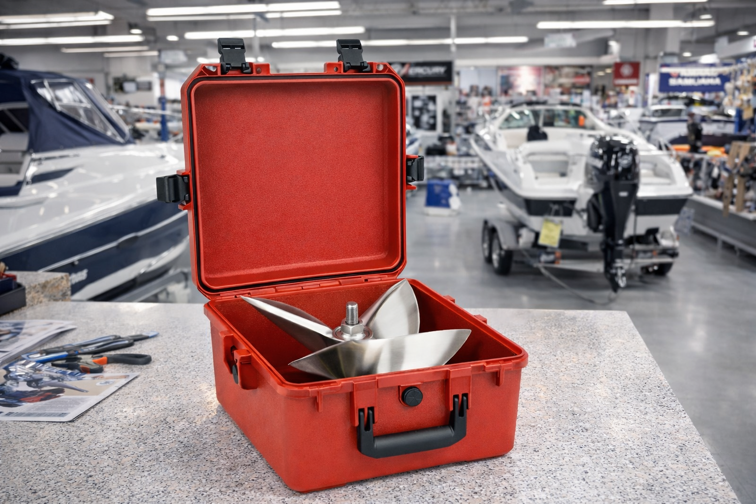 Boat propeller stored in a protective case on a marine dealer counter