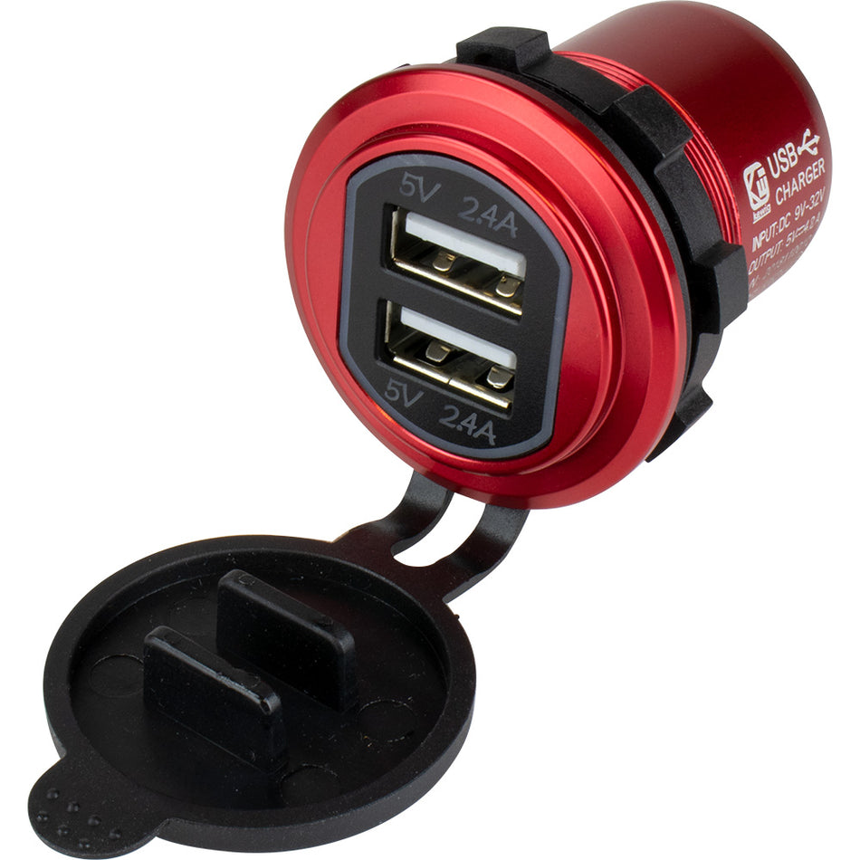 Cargador USB doble redondo rojo Sea-Dog con 1 puerto de carga rápida + [426504-1]