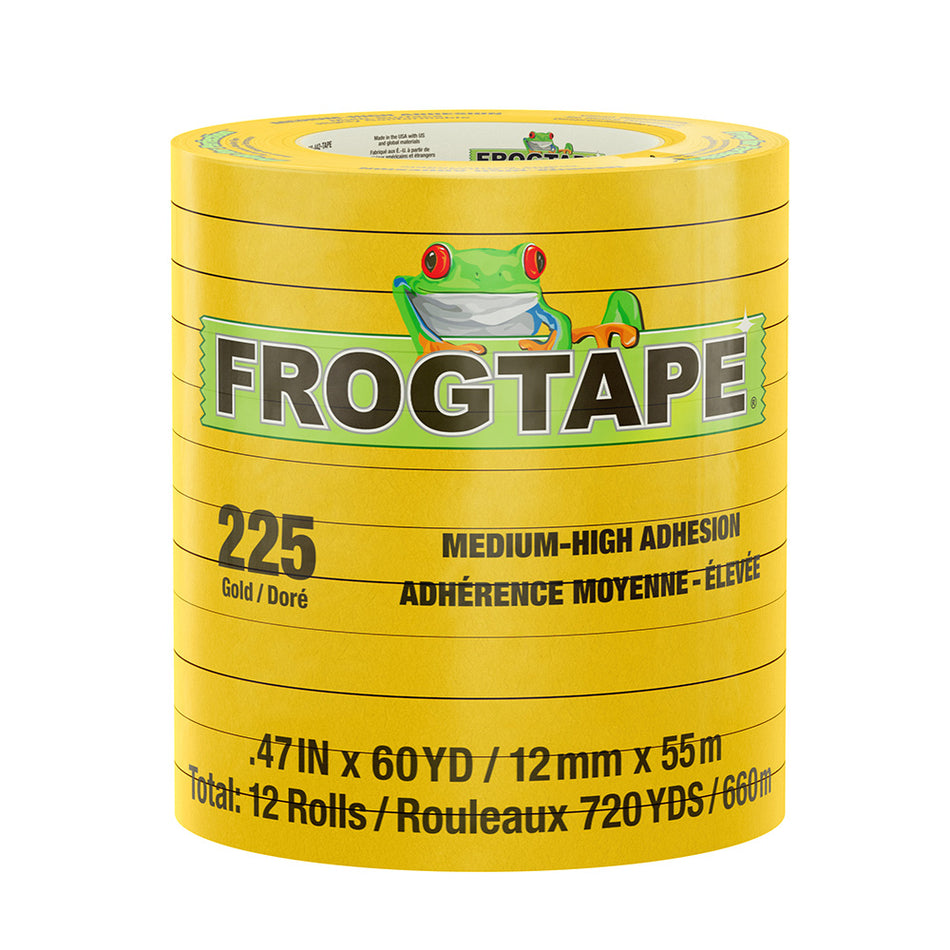 Cinta adhesiva de enmascarar FrogTape CP 225 de adherencia media-alta - 12 mm x 55 m x paquete de 12 - Dorada - Apta para 225 °F [105318]