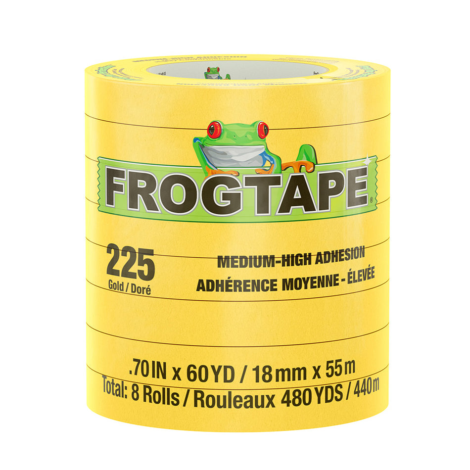 Cinta adhesiva de enmascarar FrogTape CP 225 de adherencia media-alta - 18 mm x 55 m x paquete de 8 - Dorada - Apta para 225 °F [105545]