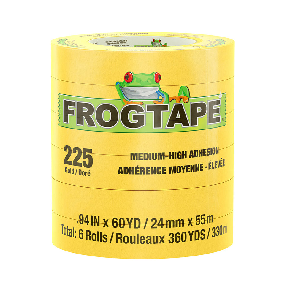 Cinta de enmascarar FrogTape CP 225 de adherencia media-alta - 24 mm x 55 m x paquete de 6 - Dorada - Apta para 225 °F [105320]