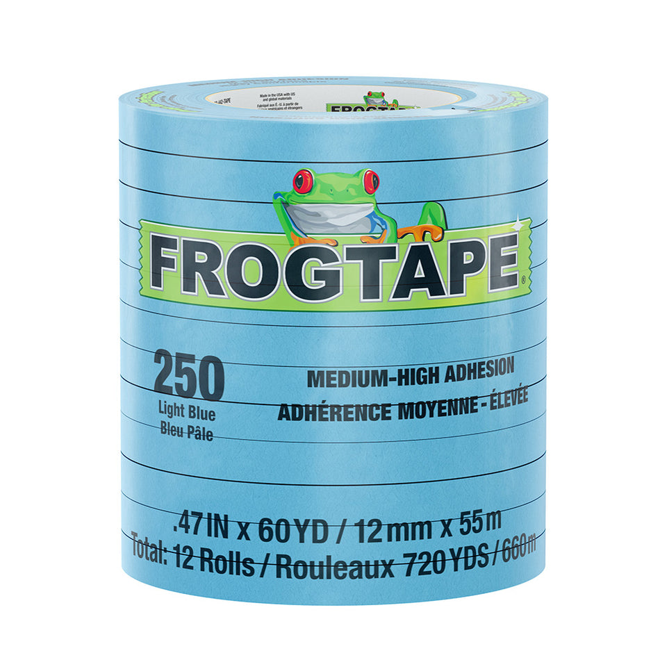 Cinta de enmascarar FrogTape CP 250 de adherencia media-alta - 12 mm x 55 m x paquete de 12 - Azul claro - Apta para 250 °F [105325]