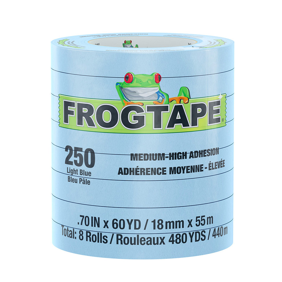 Cinta de enmascarar FrogTape CP 250 de adherencia media-alta - 18 mm x 55 m x paquete de 8 - Azul claro - Apta para 250 °F [105770]