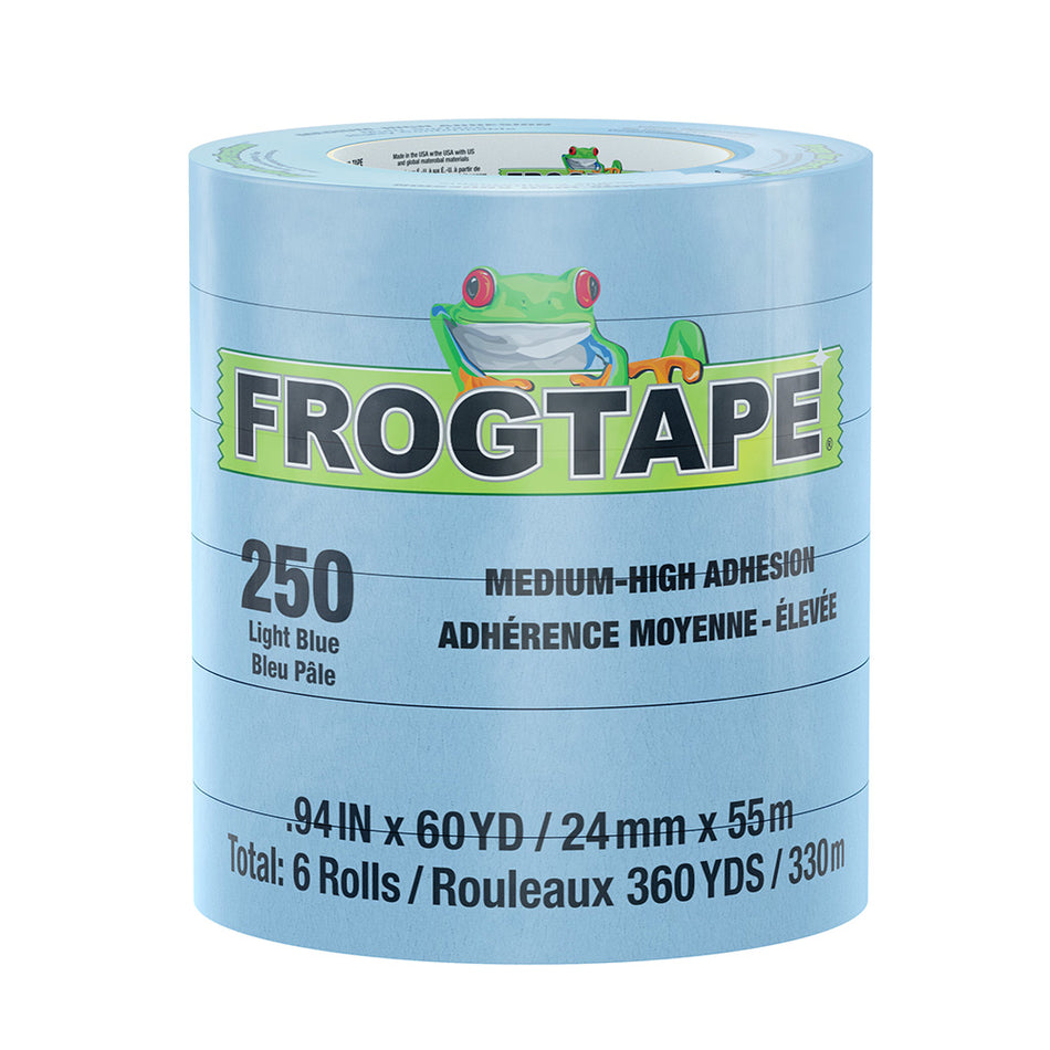 Cinta de enmascarar FrogTape CP 250 de adherencia media-alta - 24 mm x 55 m x paquete de 6 - Azul claro - Apta para 250 °F [105327]