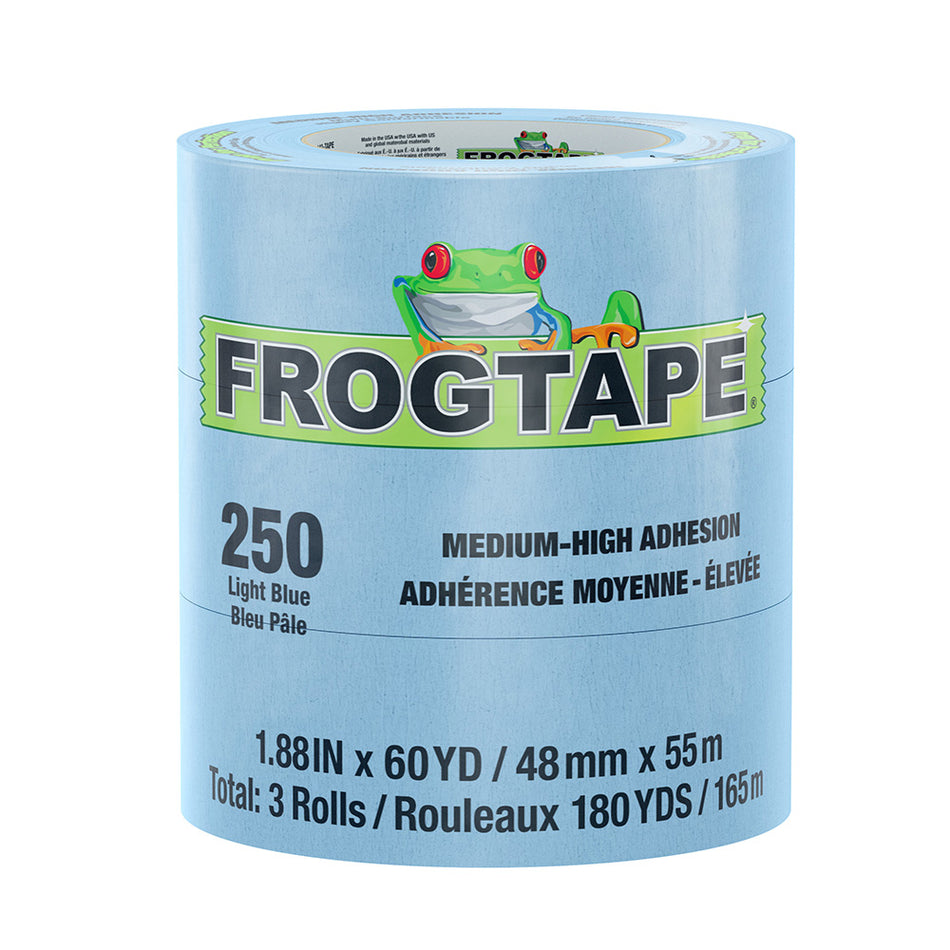 Cinta de enmascarar FrogTape CP 250 de adherencia media-alta - 48 mm x 55 m x paquete de 3 - Azul claro - Apta para 250 °F [105329]