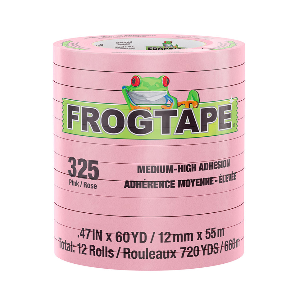 Cinta de enmascarar FrogTape CP 325 de adherencia media-alta - 12 mm x 55 m x paquete de 12 - Rosa - Apta para 325 °F [105331]