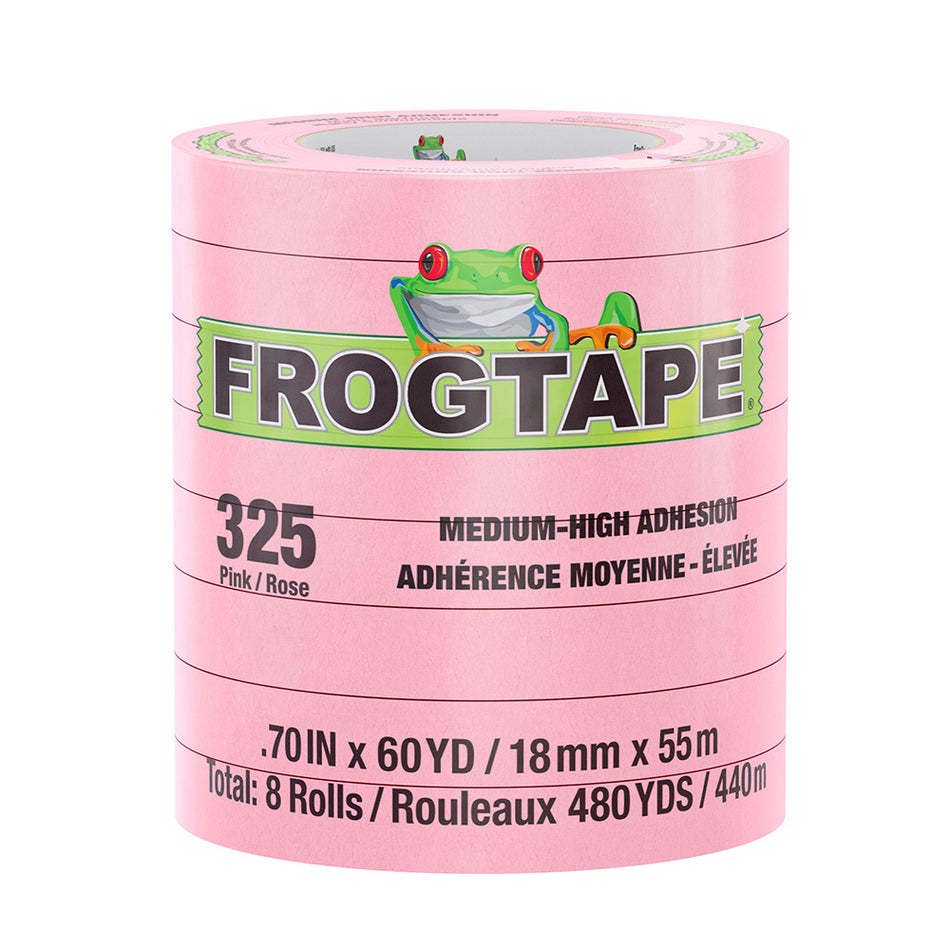 Cinta de enmascarar FrogTape CP 325 de adherencia media-alta - 18 mm x 55 m x paquete de 8 - Rosa - Apta para 325 °F [105332]