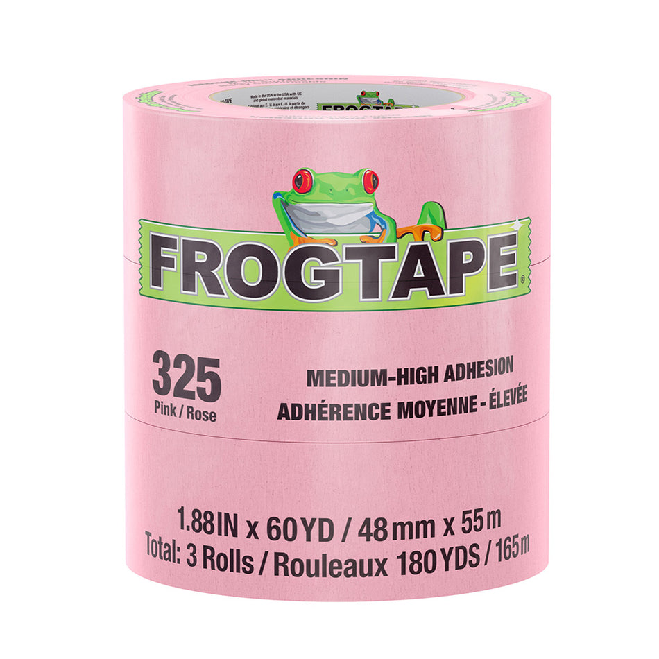 Cinta de enmascarar FrogTape CP 325 de adherencia media-alta - 48 mm x 55 m x paquete de 3 - Rosa - Apta para 325 °F [105335]