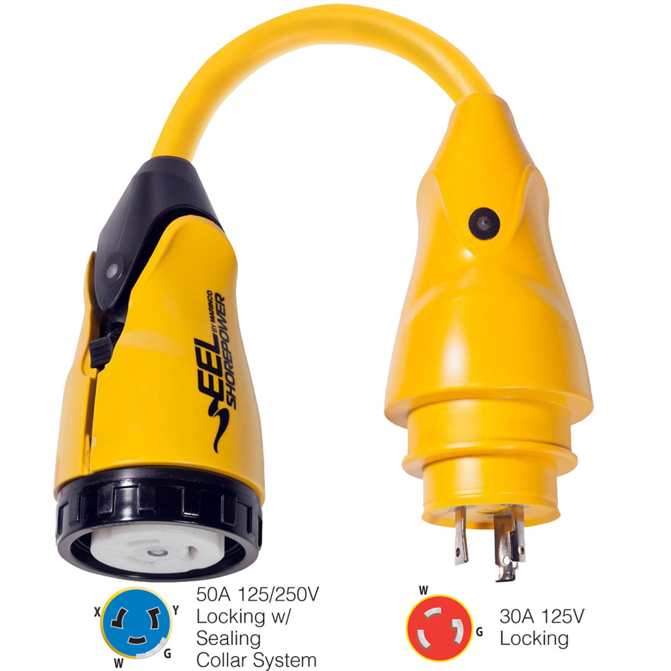 Adaptador de cable flexible Marinco P30-504 EEL de 50 A-125/250 V hembra a 30 A-125 V macho - Amarillo [P30-504]