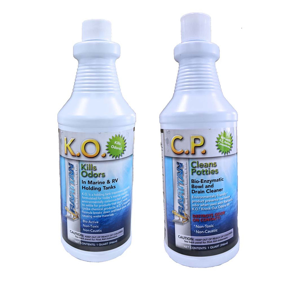 Paquete para inodoro Raritan con KO Kills Odors CP Cleans Potties - 1 de cada uno - Botellas de 32 oz [1PPOT]