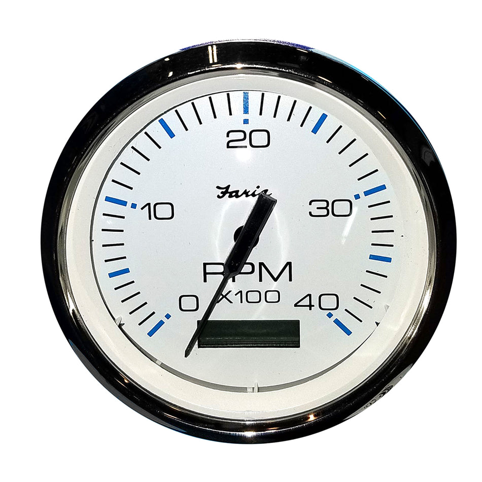 Tacómetro Faria Chesapeake SS blanco de 4" con horómetro (4000 RPM) (diésel) (relación de variación de despegue mecánico Alt.) [33834]