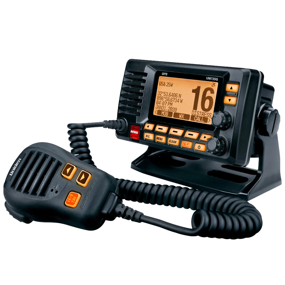 Radio marina VHF de montaje fijo Uniden UM725 con GPS, color negro [UM725GBK]