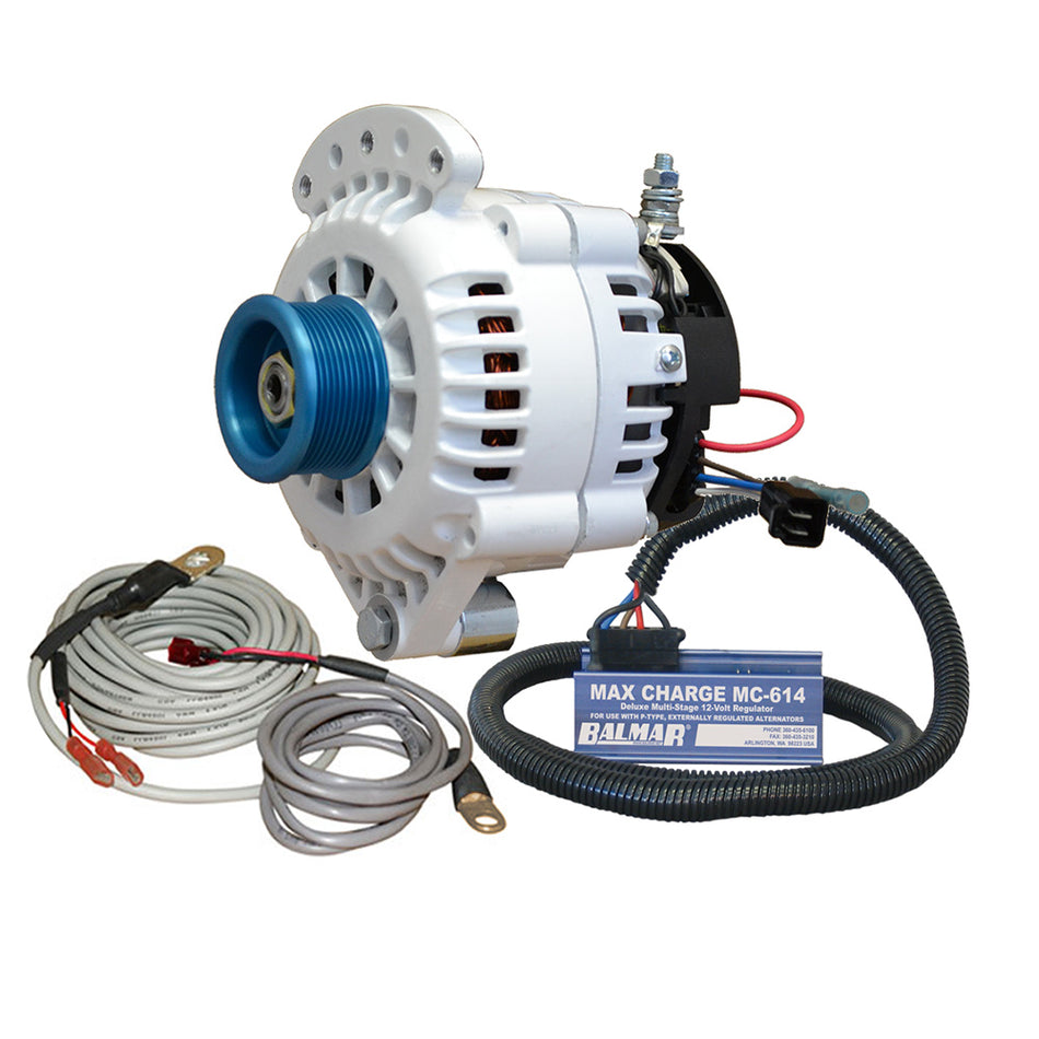 Kit de alternador Balmar de 100 amperios, 12 V, montaje de eje de un solo pie de 1 a 2", polea J10, regulador, sensor de temperatura [621-VUP-MC-100-J10]