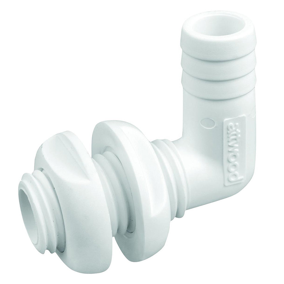 Conector de plástico blanco Attwood de 90 grados para pasar el casco - Diámetro interior de 3/4" [3877-3]